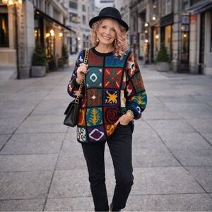 Vintage 90s Brontë Bold Knit Sweater M Oversized Patchwork Ramie Cotton